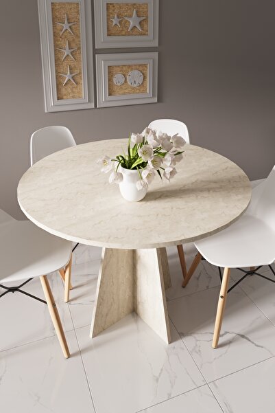 HMC DECOR Modern Yuvarlak 100cm Yemek Masası-mutfak Masası Traverten (SANDALYELER TEMSİLİDİR)