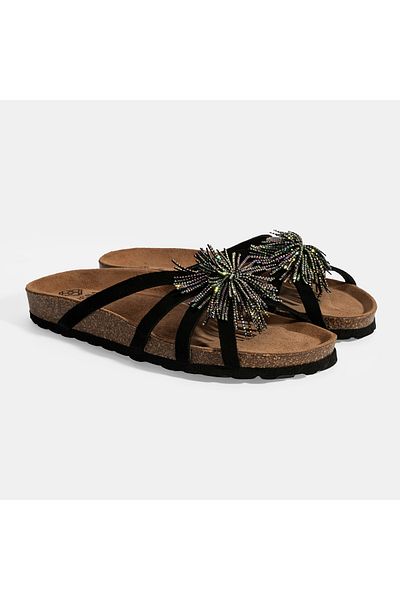 Desa Women's Black Stone Detailed Suede Slippers