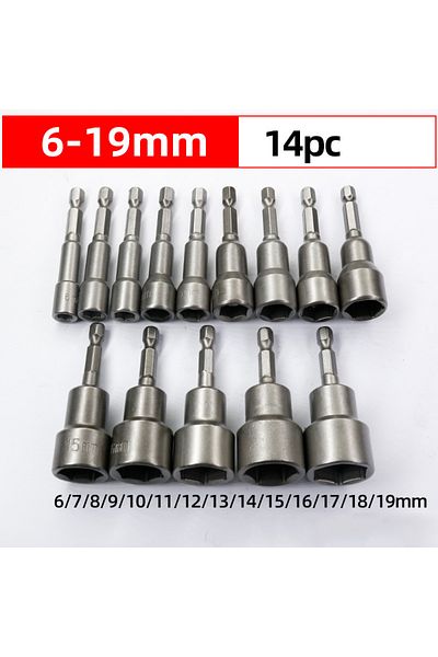 Choice 6-19mm(14PCS) 6mm-19mm Impact Socket Magnetic Nut Screwdriver 1/4 Hex Key Set Drill Bit Adapter For