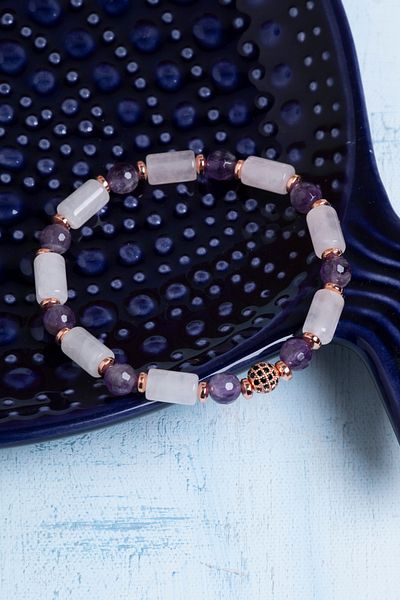 Deniz Doğal Taş Certified Pink Quartz, Amethyst and Hematite Natural Stone Bracelet