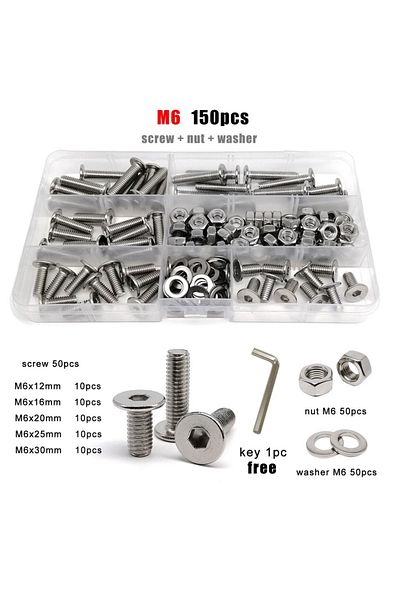 HZYUEGOU M6 150pcs 1 Box M1.6 M2 M2.5 M3 M4 M5 M6 M8 304 Stainless Steel Cm Hexagon Socket Allen Ultra Thin F