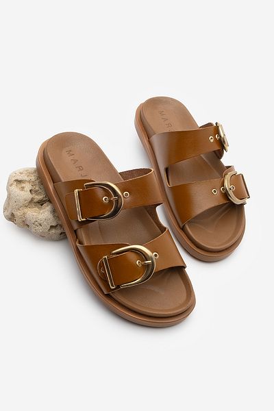 Marjin Women's Genuine Leather Double Strap Buckle Daily Slippers Gepso Tan