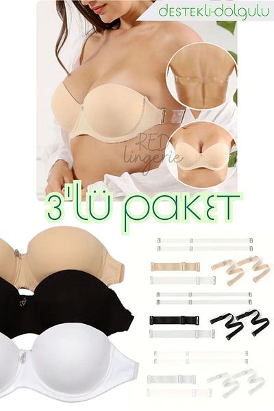 red iç giyim Supported (Filled) Transparent Back Strapless Bra, Evening Dress Bra (Suitable for Wedding, Engagement, Henna)