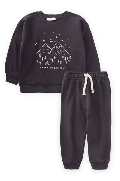 Cigit 1-7 Years Black Sweatshirt Set - Born to Explore Printed