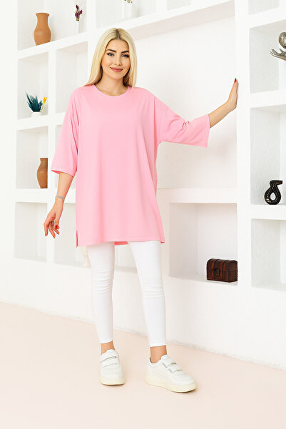 nacar çarşı Kadın Fuşya Oversize Tunik Tişört – Yarım Kollu, Yuvarlak Yaka, R...