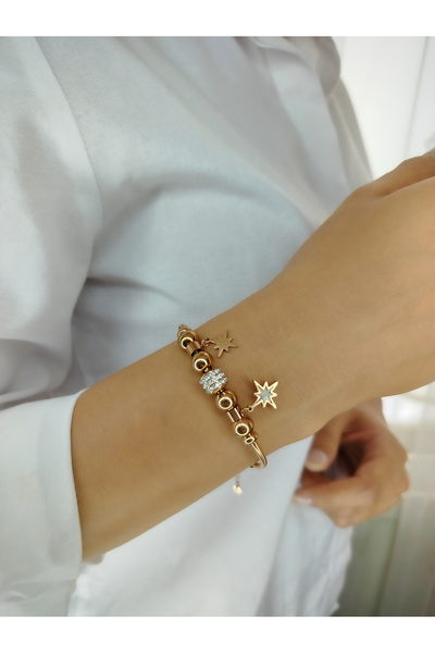 Rose Gold Renkli Parlak Yıldız Ve Taş Detayları Olan Şık Ve Zarif Zincirli Çelik Kadın Bileklik