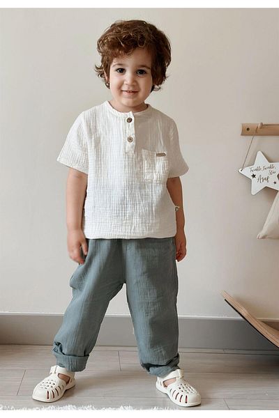 Cigit Organic Muslin Bohemian Shirt Set 2-7 Years Cream-çağla Green