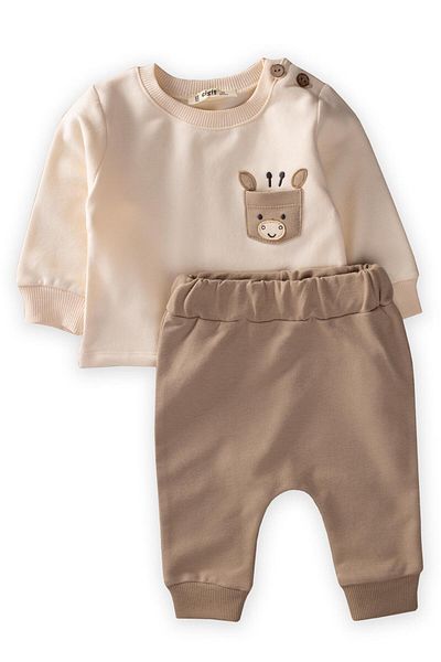 Cigit Giraffe Pocket Appliqued Sweatshirt Set 0-4 Years Ecru