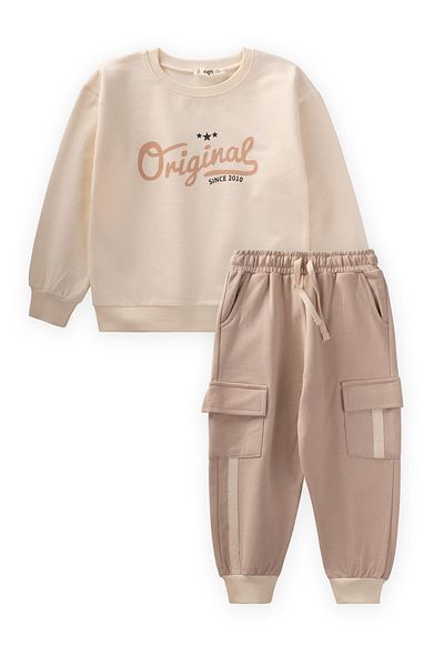 Cigit Originální sada mikiny Cargo Pants s potiskem 2-10 let Ecru