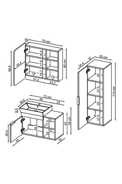 ROOMART Likya Kapaklı ve Açık Raflı Mdflam Lavabolu 72 Cm Banyo Alt Dolabı + Üst Dolabı + Banyo Boy Dolabı