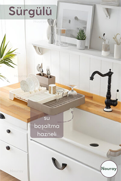 nouray Uzayabilen Sürgülü Bulaşık Kurutma Sepeti Bulaşıklık. Bej