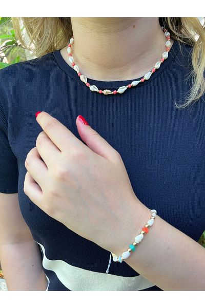MODA Women's Colorful Seashell Necklace and Bracelet Set – Summer Jewelry