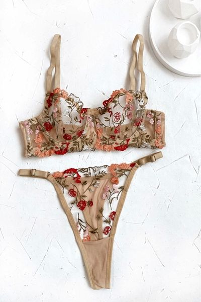 gc gece incisi Set sutien și cu modele florale brodate argintii
