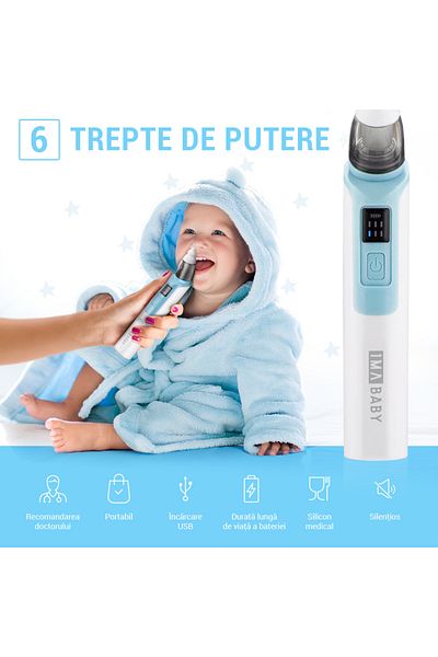 IMA BABY Electric Nasal Aspirator, 6 Speeds, 500mah, Type-c, Silent, 2 Silicone Heads, Blue