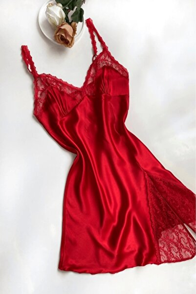 gc gece incisi Büyük Beden Yırtmaç Detaylı Saten Gecelik