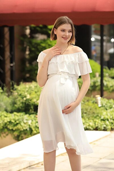 Bersi Butik Women's Carmen Collar White Chiffon Dress