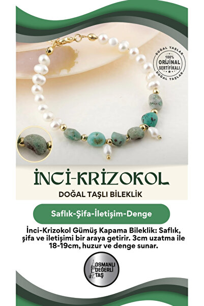 OSMANLI DEĞERLİ TAŞ Inci-krizokol Doğal Taş Gümüş Kapama Bileklik (3CM UZATMA...