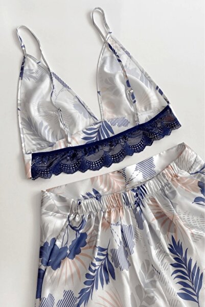 Gece İncisi Çiçek Desenli Saten Şortlu Takım