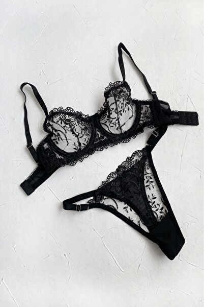 gc gece incisi Set sutien brodat cu flori negre