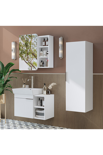 ROOMART Likya Kapaklı ve Açık Raflı Mdflam Lavabolu 72 Cm Banyo Alt Dolabı + Üst Dolabı + Banyo Boy Dolabı