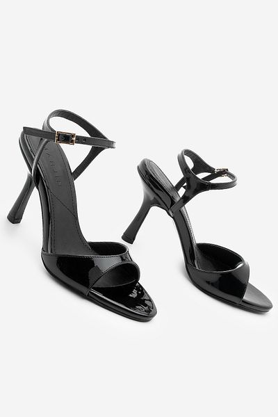Marjin Women's Oval Toe Ankle Strap Heeled Sandals Lernis Black Patent Leather
