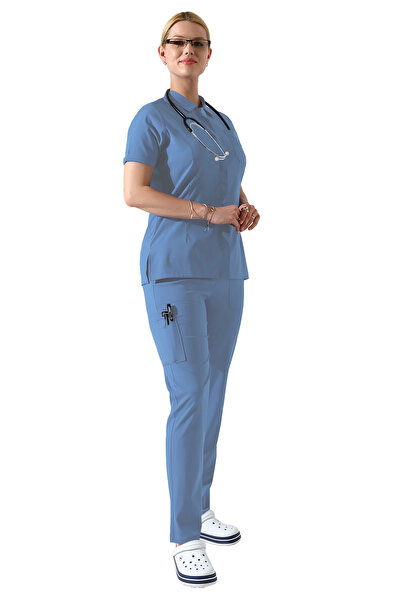 BEDUCA طقم فرك بياقة بولو من الليكرا باللون الأزرق الفاتح، زي موحد لصالونات ا...