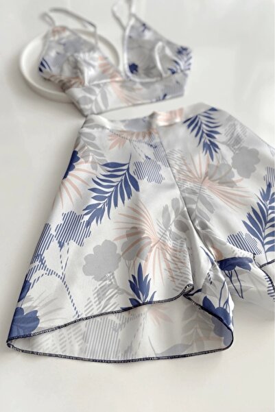 Gece İncisi Çiçek Desenli Saten Şortlu Takım