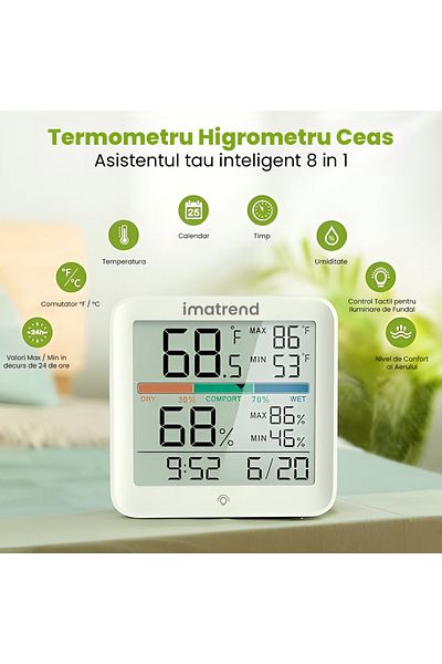 IMA TREND Termometru Si Higrometru Camera Yg5275 Pro, Ecran 3.7”, Ora, Data, Touch, Alb