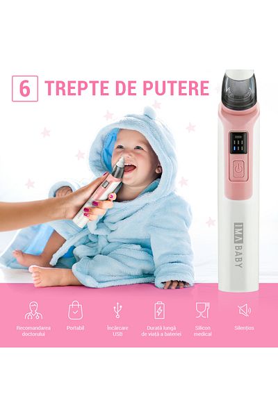 IMA BABY Electric Nasal Aspirator, 6 Speeds, 500mah, Type-c, Silent, 2 Silicone Heads, Pink