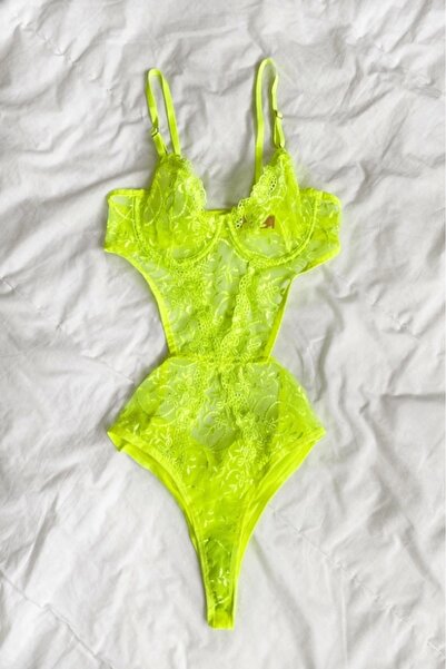 Gece İncisi Неоновий жовтий боді з квітковим принтом