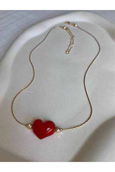 DEMOKAN Kadın Kolye Kırmızı Kalp Kolye