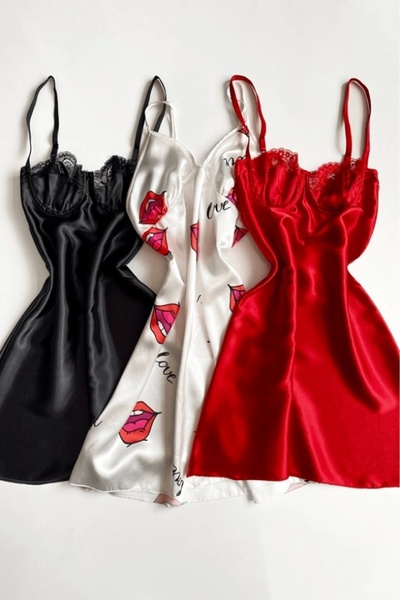 Gece İncisi Σετ νυχτικών με λεπτομέρεια από μαλακό σατέν με δαντέλα στήθους 3...