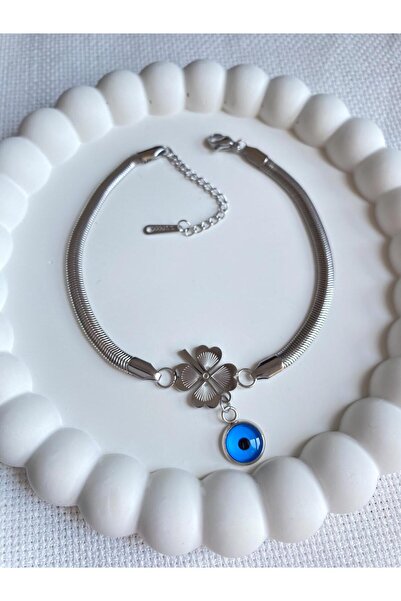 DEMOKAN سوار نسائي من الفولاذ بسلسلة إيطالية على شكل البرسيم وخرز عين الشر