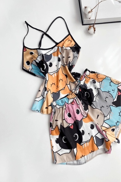 Gece İncisi Set pantaloni scurți imprimați cu pisici