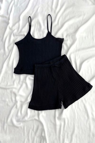 Gece İncisi Black Cotton Strap Top Shorts Set