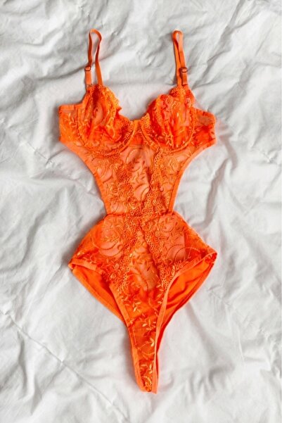 Gece İncisi Неоновий помаранчевий боді з квітковим принтом