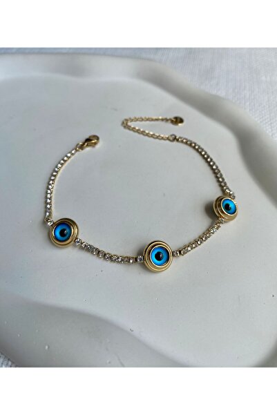 DEMOKAN Kadın Çelik Bileklik Su Yolu Üç Nazar Boncuk Bileklik