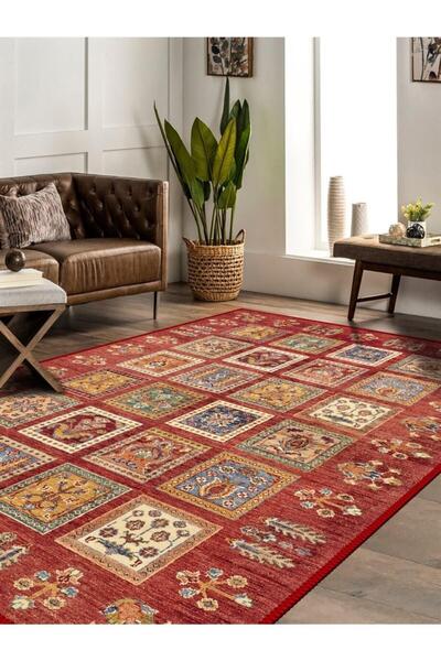 Serteks Kırmızı Mozaik Desenli Halı Dokuma Taban Dekoratif Salon oturma odası...