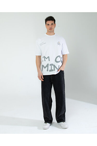 Lescho تي شيرت مطبوع كبير الحجم للجنسين باللون الأبيض