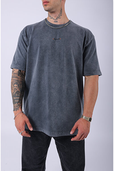 Lescho Unisex "Yeah" Embroidered Special Wash Oversize T-Shirt