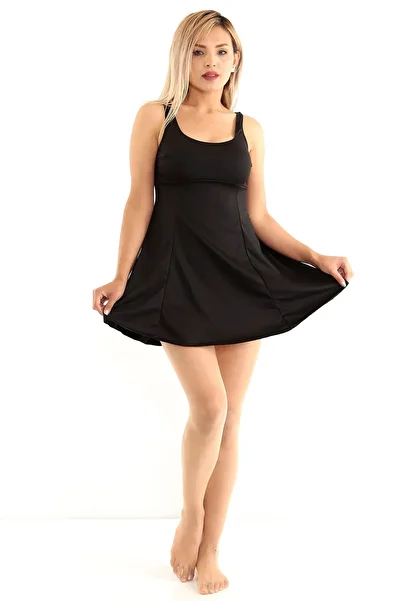 TİGERS Sea Queen Women's Black Large Size Micro Lycra Fabric Dress Silipli Swimsuit