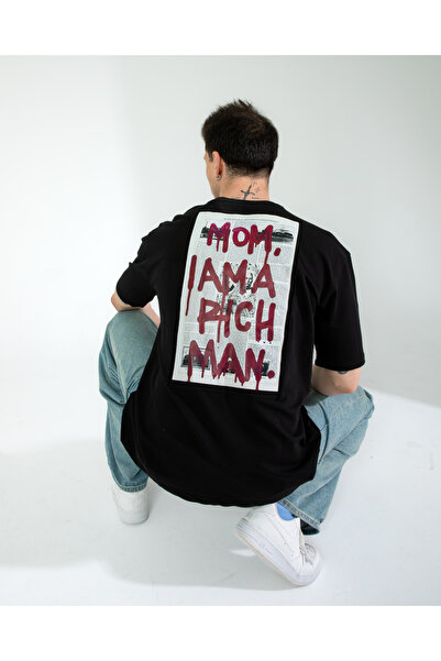 Lescho تي شيرت مطبوع كبير الحجم للجنسين باللون الأسود الغني