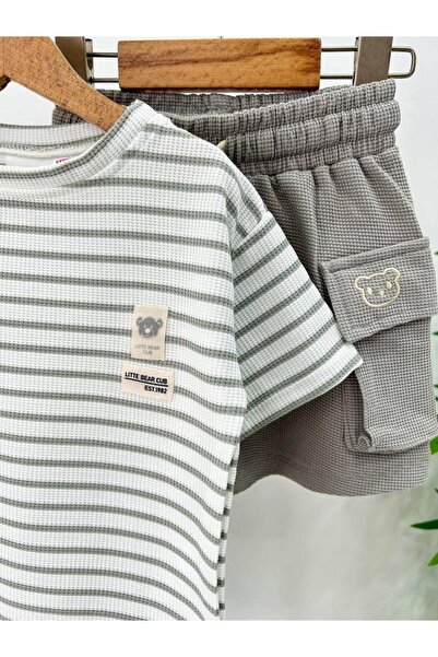 2kids2mom Seersucker Fabric Teddy Bear Printed Boys' T-Shirt and Shorts Set