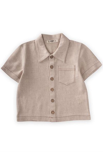 Cigit Short Sleeve Linen Shirt 2-7 Years Natural