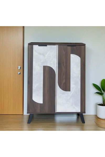 Generic Two-Door Wooden Shoe Cabinet with 5 Shelves in Dark Brown and Gray