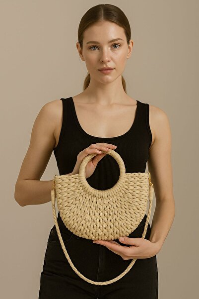 Timeless Women's Natural Straw Knitted Bag – Light Beige, Lined, Cross Strap & Hand Holder