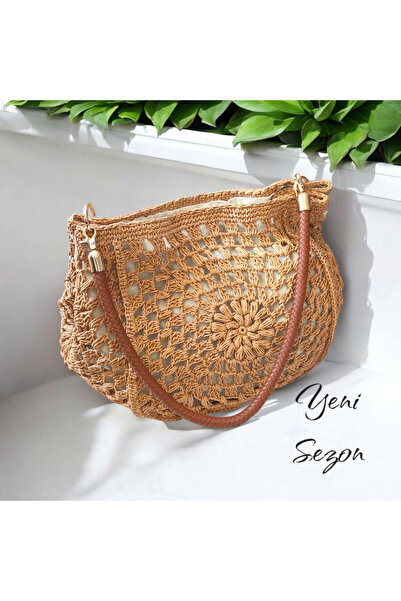 BY MİMİMU El Yapımı Motifli Kağıt Ip Orta Boy Hasır Çanta 45*30 Cm