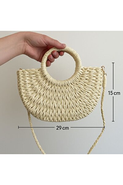 Timeless Women's Natural Straw Knitted Bag – Light Beige, Lined, Cross Strap & Hand Holder