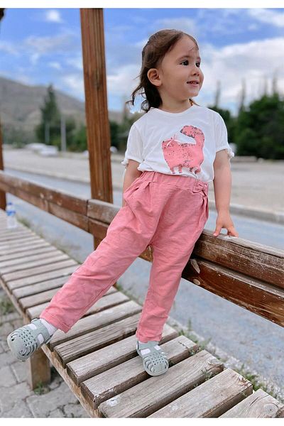 Cigit Cat Printed T-shirt Tracksuit Set 1-5 Years Ecru