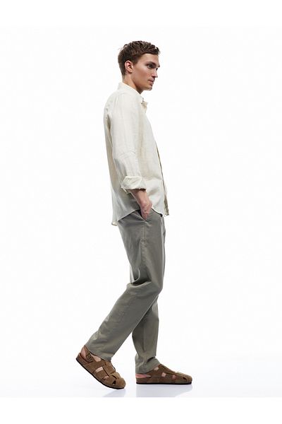 Koton Button Pleated Linen Cotton Blend Chino Summer Trousers with Lace-Up Waist and Pocket Detail